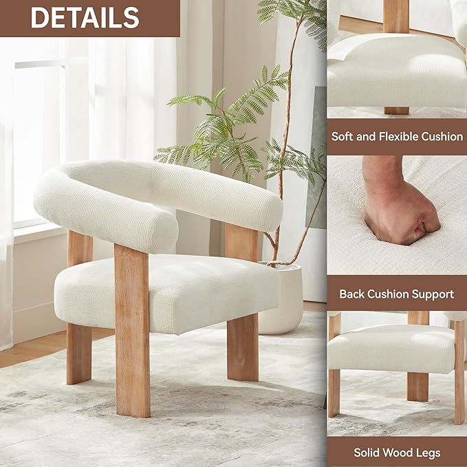 VKNOW Accent Chair Living Room Chair, Modern Upholstered Armchair with Solid Wood Legs, Comfy Barrel Arm Chairs for Living Room Bedroom, Cream