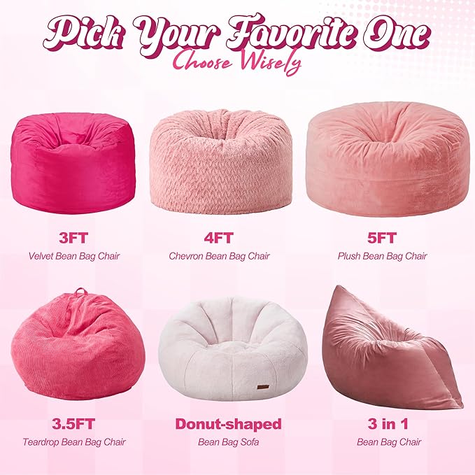 Hobestluk 3 in 1 Bean Bag Chair Giant Bean Bag Chairs for Adults with Velvet Cover Convertible Bean Bag Floor Cushion with Machine Washable Cover for Living Room (Velvet Pink)