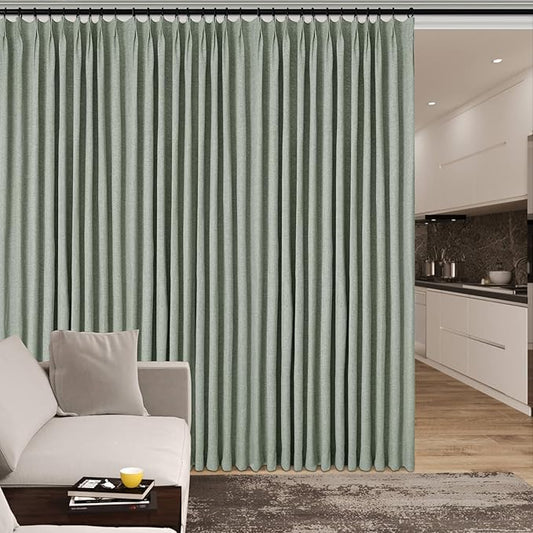 150 Inches Extra Wide Room Divider Draperies, Pinch Pleat Drapes, Absolutely Blackout Sliding Door Drapery, Total Privacy Ceiling Track Curtains, 150" W by 96" L, Fog Green (1 Panel)