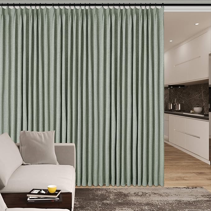 100" W x 84" L Faux Linen Room Divider Curtains, Full Blackout Pinch Pleated Drapes for Traverse Rod, Bedroom Divider Privacy Drapery with Hooks for Ceiling Track, 1 Panel, Fog Green