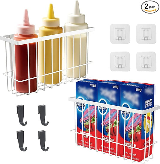 Magnetic Basket for Fridge, Magnetic Fridge Basket, Foil and Plastic Wrap Organizer with 4 hooks, Laundry Room Organization for Dryer Ball, Cling Film, Mail, Umbrella, White, 2 Pack