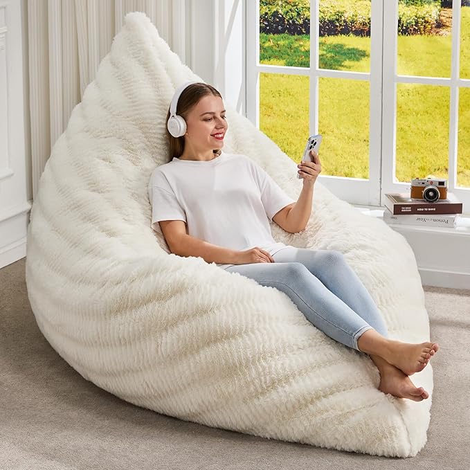Hobestluk 3 in 1 Bean Bag Chair Giant Bean Bag Chairs for Adults with Ripple Cover Convertible Bean Bag Floor Cushion with Machine Washable Cover for Living Room (Ripple White)