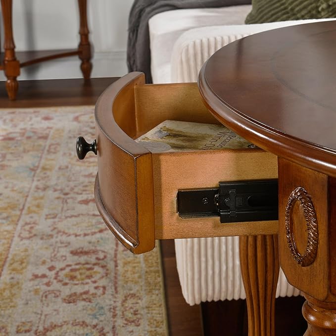 Solid Wood End Table with Drawer and Storage Shelf, Oval Sofa Side Table with Carved Legs, Living Room Corner Table, Large Beside Table, Elegant Vintage, No-Tools Assembly, Caramel Brown CJZ1533MG