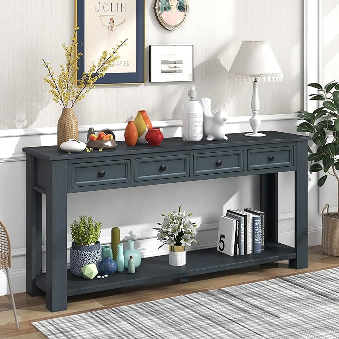 Solid Wood Console Table, Long Sofa Table Entryway Table with 4 Drawers and Bottom Shelf for Hallway Living Room Couch Table,Fully Assembled (63" Navy)