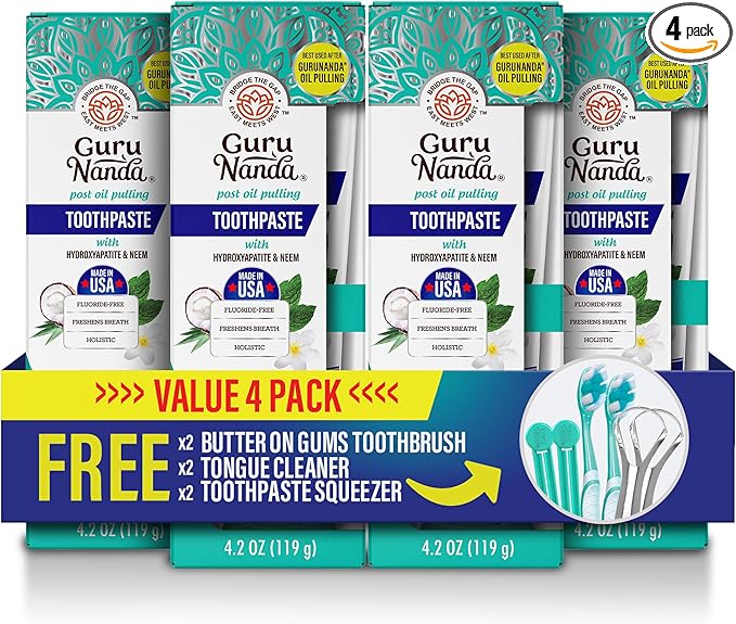 GuruNanda Hydroxyapatite Toothpaste, SLS & Fluoride Free (4 Pack), Whitening Toothpaste - Freshens Breath, Fights Plaque - with 2 Toothbrushes, 2 Tongue Scrapers & 2 Tube Squeezers