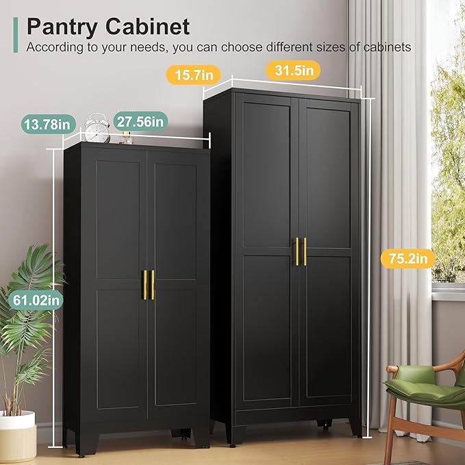 Metal Pantry Cabinet with 2 Doors and 5 Adjustable Shelves, 75" Kitchen Storage cabinets with Gold Handles, Versatile Storage for Laundry Room, Living Room, Bathroom, Dinning Room, Utility Room-Black