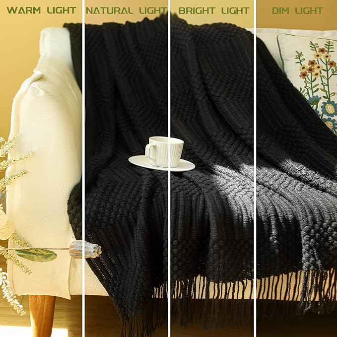 Blagic Knitted Throw Blanket for Couch, Bed and Sofa. Super Soft Blanket with Tassels, Black Throw Blanket, 60 x 80 Inches Lightweight & Cosy Home Decor