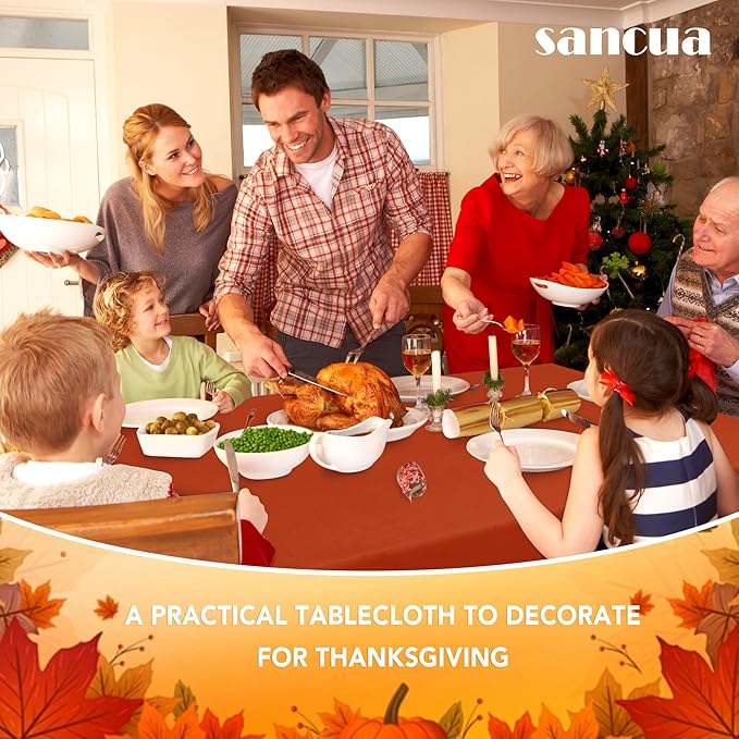 sancua Fall Tablecloth for 6 Foot Tables, 60 x 102 Inch Burnt Orange - Stain and Wrinkle Resistant Rectangle Table Cloth, Fabric Thanksgiving Table Cover for Dining Buffet Parties, Rust Pumpkin Orange