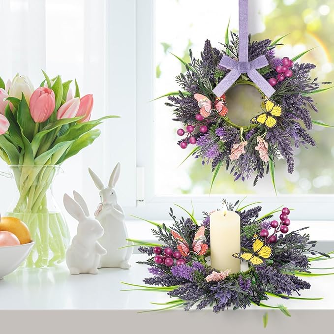 6 Pcs Lavender Wreaths for Front Door Mini Artificial Floral Kitchen Cabinet Swags Spring Summer Candle Rings Wreath with Lavender Berries Butterflies for Year-Round Use Farmhouse Home Decorations