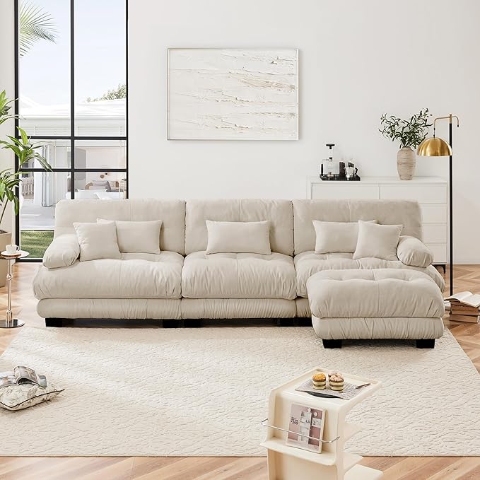 L Shaped Couch Sectional Couch, 3-Seater Cloud Couch Sectional Oversized Couch, Sofa Bed Couch with Round Bolster Armrests 5 Pillows, Modular Couch Home Sofa Living Room Couch