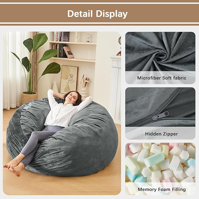 Bean Bag Chairs for Adults - Memory Foam Furniture BeanBag Chair - Kids/Teens Sofa with Soft Micro Fiber Cover - Round Fluffy Couch for Living Room Bedroom College Dorm - 5 ft, Grey