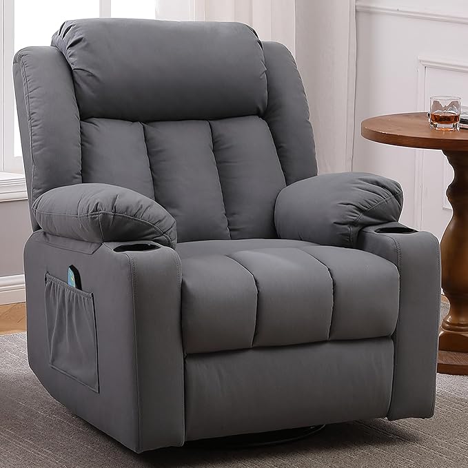 Rocker Swivel Recliner Chair for Adults, Overstuffed Large Manual Recliner Glider with Massage and Heat, Comfy Soft Fabric Living Room Reclining Sofa Chair(Technical Grey)