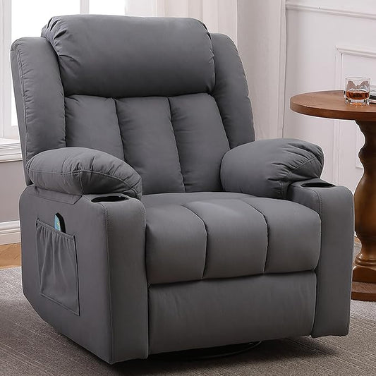 Rocker Swivel Recliner Chair for Adults, Overstuffed Large Manual Recliner Glider with Massage and Heat, Comfy Soft Fabric Living Room Reclining Sofa Chair(Technical Grey)