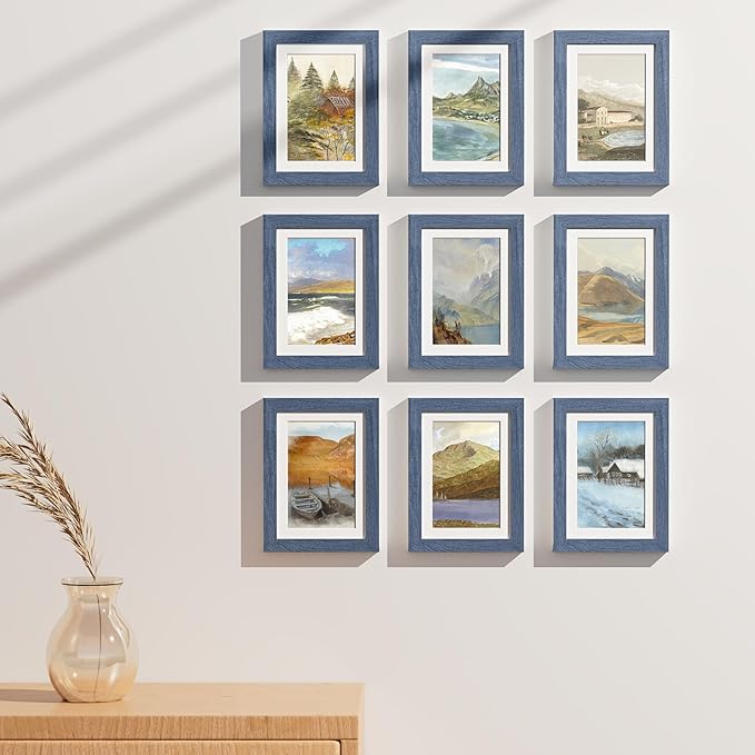 Vittanly 5x7 Picture Frames Set of 9, Shatter Resistant Plexiglass, Display 4x6 Pictures with Mat or 5x7 without Mat, Photo Frames for Wall or Tabletop, Engineered Wood, Navy