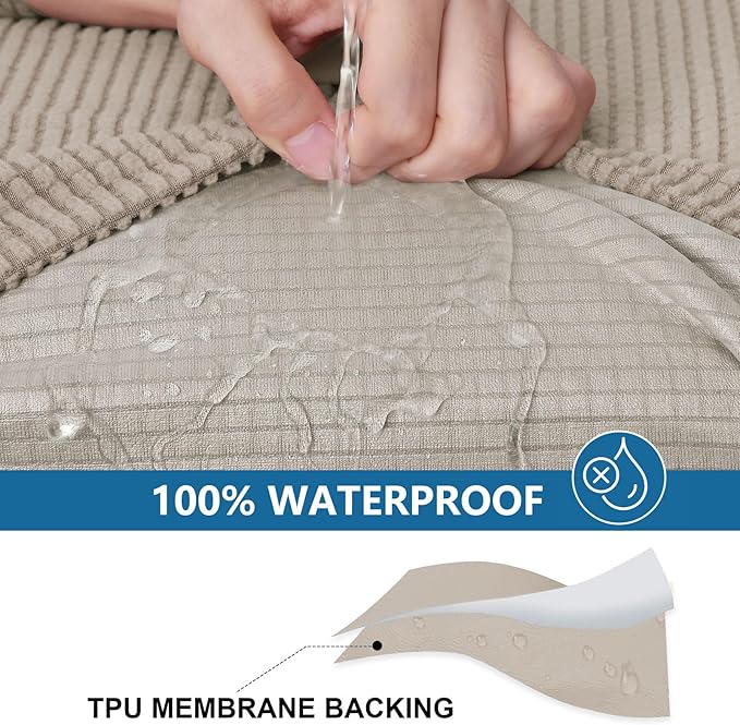 hyha Waterproof Couch Cushion Covers for Pets, Non Slip Sofa Seat Cover for Dogs Washable, Soft Thick Stretch Jacquard Fabric, Sofa Slipcovers with Elastic Bottom (2 Pieces, Taupe)