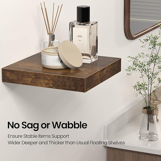 Square Floating Shelves for Wall, 10"W x 10"D x 1.2"H, Small Wooden Wall Mounted Display Shelf with Invisible Brackets for Living Room, Bedroom, Bathroom, Kitchen Decor, Set of 4, Rustic Brown
