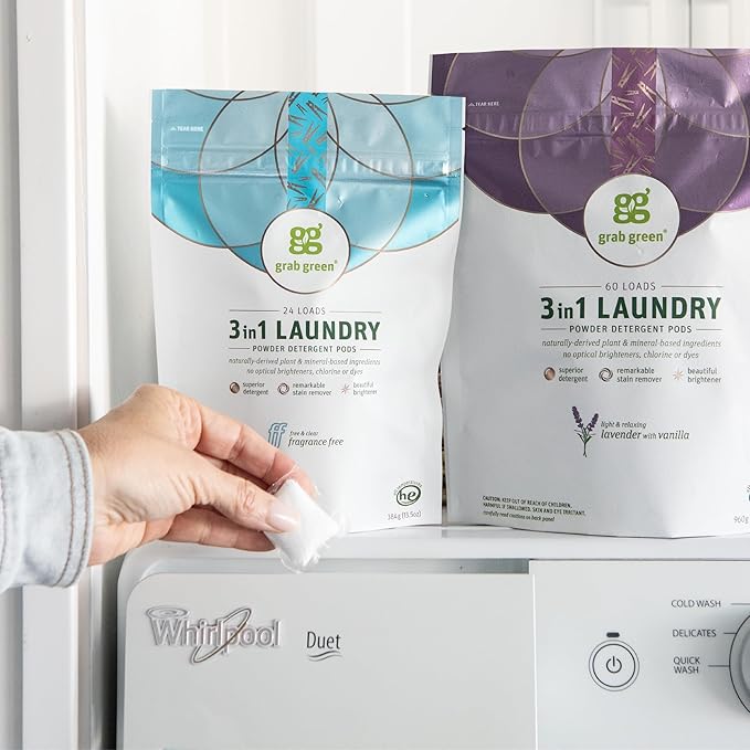 Grab Green 3-in-1 Laundry Detergent Pods, 132 Count, Fragrance Free, Plant and Mineral Based, Superior Cleaning Power, Stain Remover, Brightens Clothes