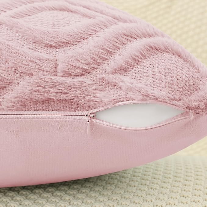 decorUhome Throw Pillow Covers 22x22 Inch Set of 2, Soft Plush Decorative Faux Fur Light Pink Solid Couch Pillow Covers, Accent Farmhouse Neutral Square Euro Pillow Cases for Sofa Bed Living Room