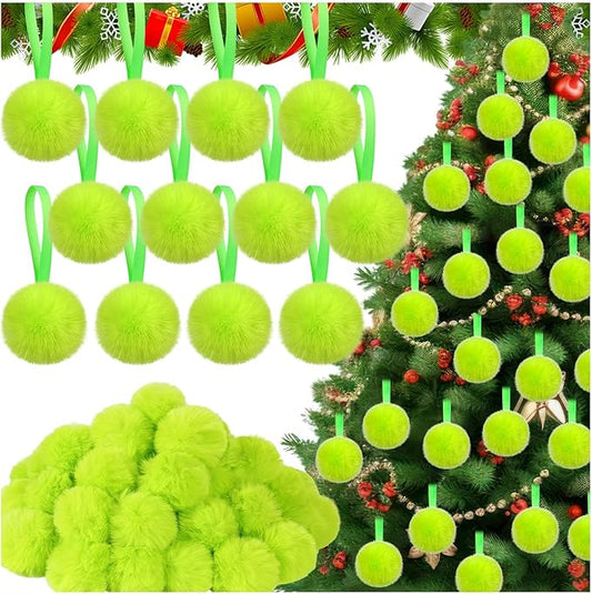 64Pcs Green Furry Christmas Balls, Green Xmas Ornaments Ball, Craft Pom Pom Balls, Christmas Tree Decorations Ball, Hanging Ornaments for Xmas Indoor Wreath Home School Office Décor