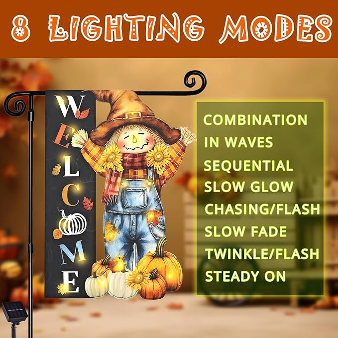 Thanksgiving Lighted Garden Flag, Solar Fall Outdoor Decor Yard Flag,8 Modes Led Scarecrow Flag,28x40 Double Sided Maple Leaf Pumpkin Bird Decorations for Home Porch
