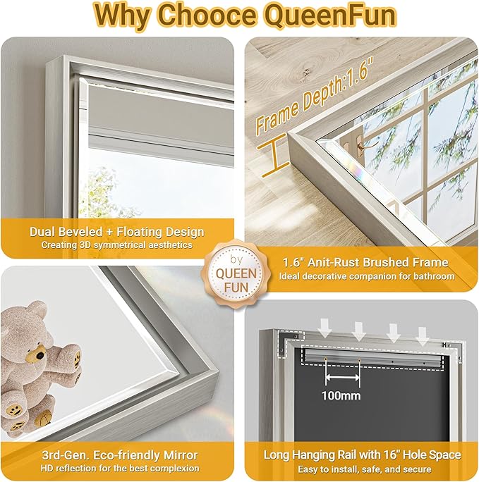 60 x 36 Brushed Nickel Bathroom Mirror, Beveled Framed Rectangle With Anti-Rust Frame, Shatterproof, Vertical/Horizontal Wall-Mounted