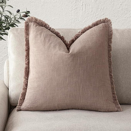 Foindtower Decorative Linen Fringe Throw Pillow Covers Cozy Boho Farmhouse Cushion Cover with Tassels Soft Accent Pillowcase for Chair Sofa Bed Living Room Home Decor, 18×18 Inch,1PC,Dusty Pink