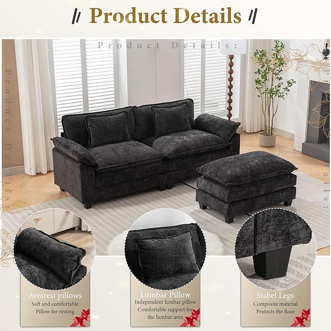 URRED Modular Sectional Sofa Comfy Cloud Couch, Modern Chenille Sofa Sleeper Deep Seat Couches with Ottoman/Pillows for Living Room (Black, 82.6''- L Shape)