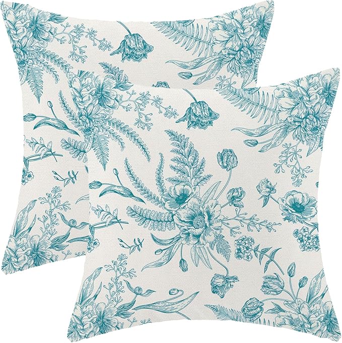 CXMEIFLY Aqua Teal Spring Pillow Covers 18 x 18 Inch Set of 2 for Chinoiserie Flowers Decor Throw Pillows Floral Leaves Seasonal Plant Outdoor Decorative Cushion Cases for Couch Bed Decorations