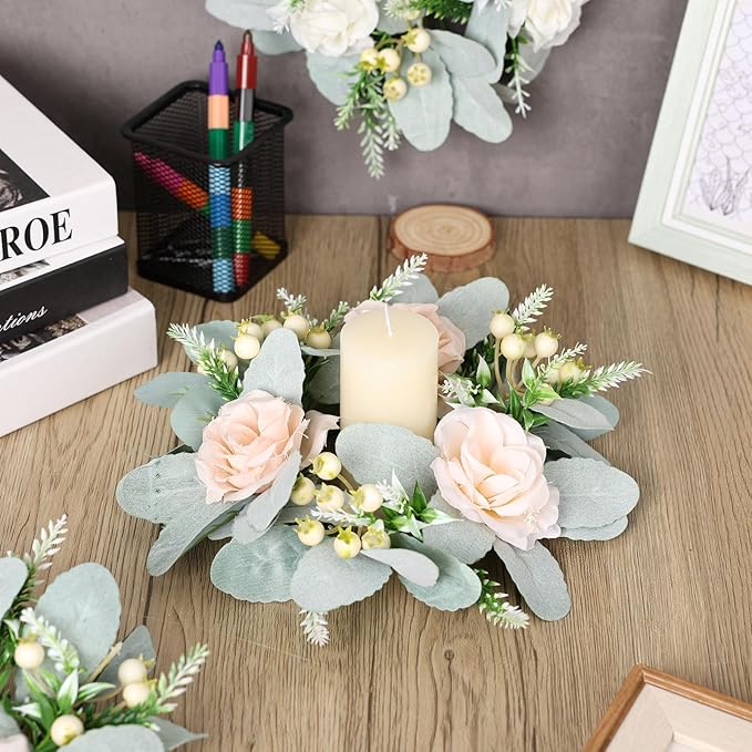 6 Pcs Wedding Rose Candle Rings Swag Wreath Artificial Floral Wreaths with Lamb Leaf Flower Candle Rings Candleholders Garland for Pillar Centerpiece Party Table Wall Window Farmhouse Decor