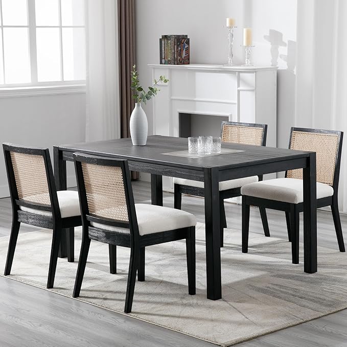 VESCASA Upholstered Dining Chairs with Square Rattan Back, Armless Padded Sherpa Fleece Cushion Dining Chairs with Wood Legs for Dining Room, Kitchen, Set of 6, Black Frame