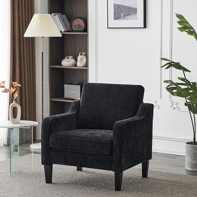 VINGLI Mid Century Modern Accent Chairs, Black Soft Chenille Reading Chair Upholstered Armchair Side Chairs Sofa Couches for Living Room, Bedroom, Apartment