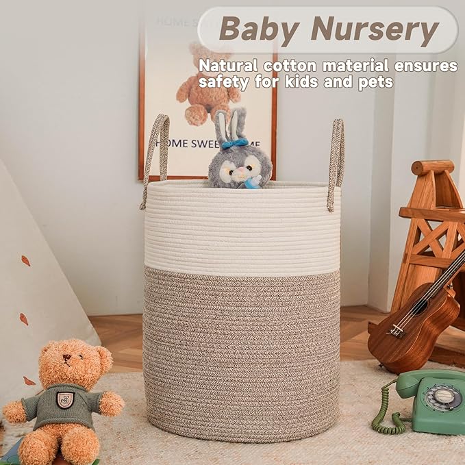 Large Woven Laundry Basket Hamper,100L Cotton Rope Storage Bin for Blankets,Toys and Clothes,Decorative Tall Nursery Hamper for Living Room,Baby Nursery,Bathroom and Bedroom,Brown