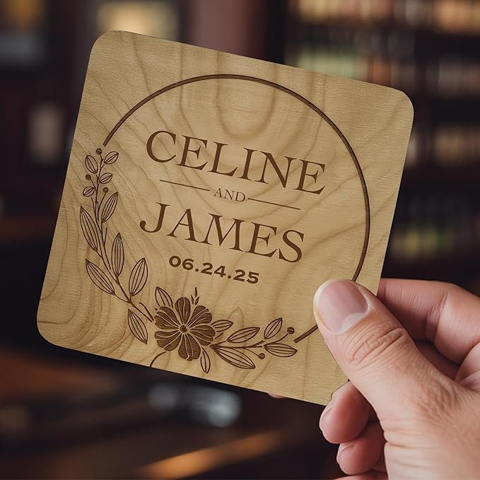 60 Pack Personalized Wedding Coasters, Custom Cardboard Coasters for Drinks with Photo Print and Text, Keepsake Wedding Favors and Gifts for Couples, 4x4 Square, Design 2