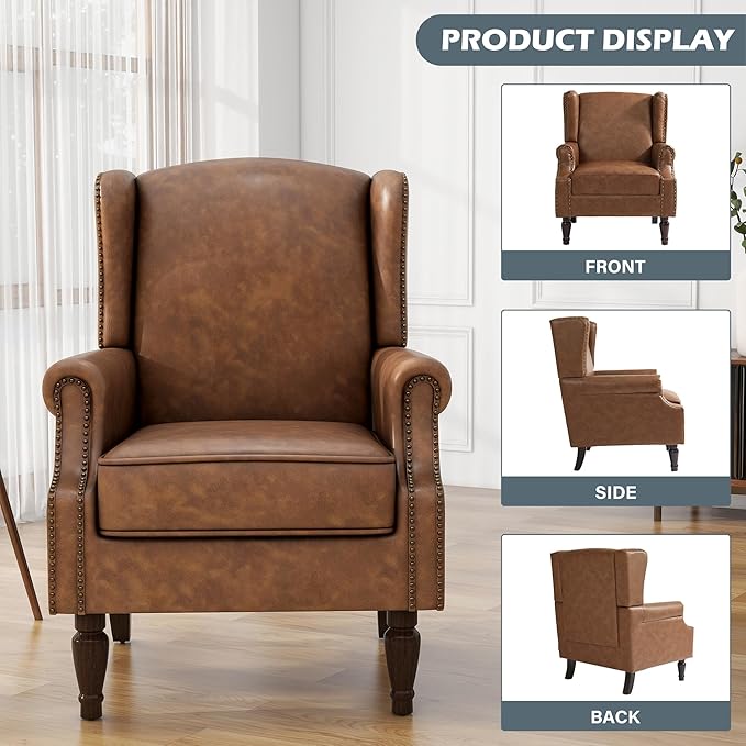 UIXE PU Leather High Back Accent Chair, Upholstered Armchair for Living Room, Retro Wingback Arm Chair Nailhead Trim Single Sofa Bedroom Reading Seat with Solid Wood Legs - Brown