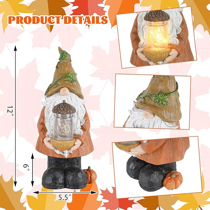 Topadorn Fall Garden Gnome Statue Light, Autumn Harvest Gnome Figurine with Pine Cone on Hand for Fall Harvest Party Thanks, Autumn Thanksgving Gifts for Famliy