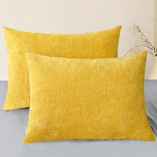 CaliTime Throw Pillow Covers Decorative 20 X 26 Inches Pack of 2 Cozy Chenille Standard Pillow Shams Cases for Couch Sofa Bed Living Room Home Mustard Yellow
