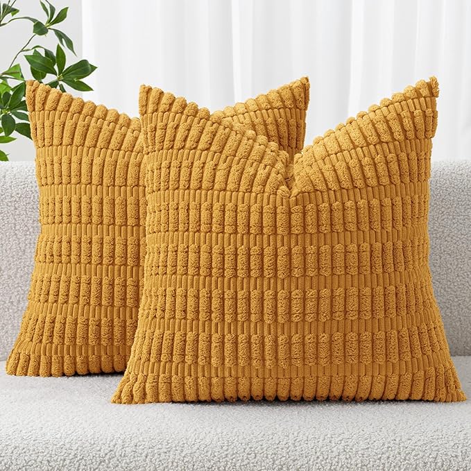 MIULEE Pack of 2 Corduroy Decorative Throw Pillow Covers 18x18 Inch Soft Boho Striped Pillow Covers Modern Farmhouse Home Decor for Summer Sofa Living Room Couch Bed Gold Yellow