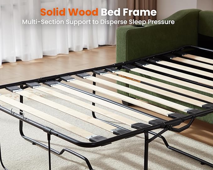 Pull Out Sofa Bed, Full Size Sleeper Sofa, 2-in-1 Convertible Corduroy Couch with USB Charging, Memory Form Couch for Living Room, Apartment and Small Space (Green, Corduroy - Queen Size)