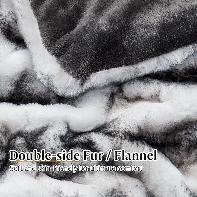 Luxury Faux Fur Blanket - Soft Warm Plush Blankets for Couch Sofa Bed, Fluffy Thick Throws for Bedroom, Office, Living Room, Decorative Reversible, Not Easy to shed - 60"x80", Black/White
