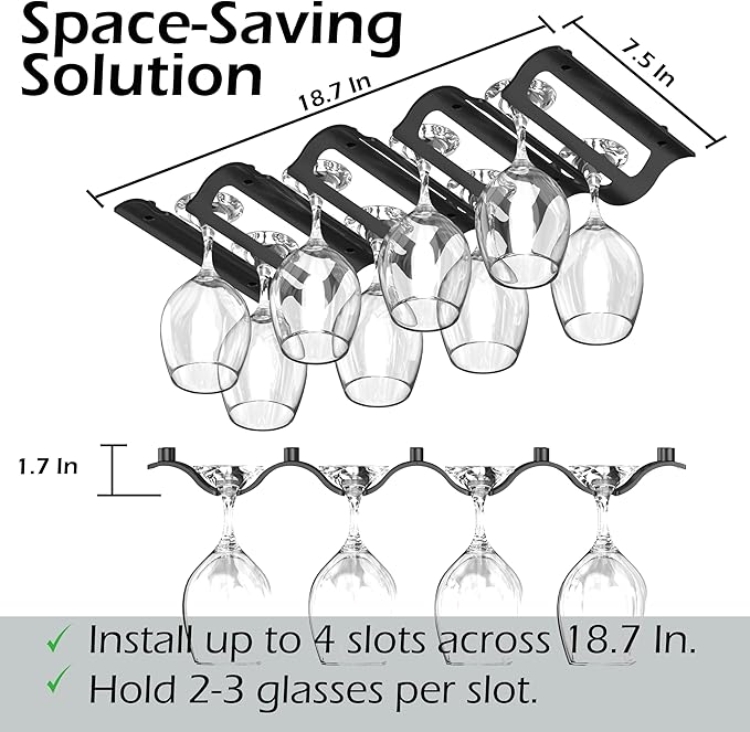 Bariboo Wine Glass Storage Case – Hang 8-12 Glasses on Your 18.7 x 9 x 1.7 In., Dust-Free Wine Glass Holder – Under-Shelf & Under-Cabinet Wine Glass Holder Rack with Assembly Manual & Video