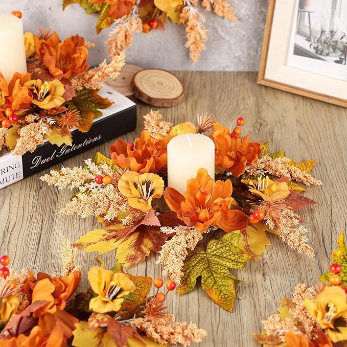 6 Pcs Fall Floral Swags Wreaths Mini Autumn Artificial Candle Rings Wreaths with Berries 3 inch Farmhouse Cabinets Hanging Wreath for Pillar Front Door Porch Wall Window Decoration