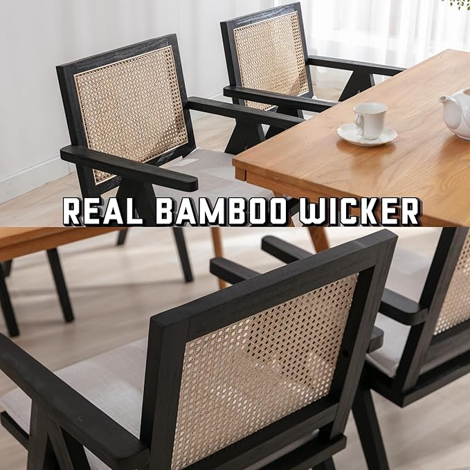 Rattan Dining Chairs Set of 2, Farmhouse Wicker Dining Chairs with Removable Linen Cushion Accent Cane Armchair for Dining Room Kitchen Restaurant, Black