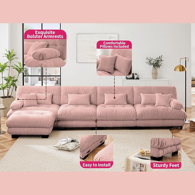 L Shaped Couch Sectional Couch, 4-Seater Cloud Couch Sectional Oversized Couch, Sofa Bed Couch with Round Bolster Armrests 6 Pillows, Modular Couch Home Sofa Living Room Couch(Pink)
