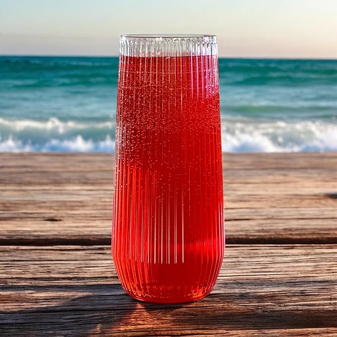 24 Pack Ribbed Ripple Stemless Toasting Glasses, Origami Durable 9 Oz BPA-Free Disposable Plastic Champagne Flutes for Weddings, Bars, Events, and Celebrations (Clear)