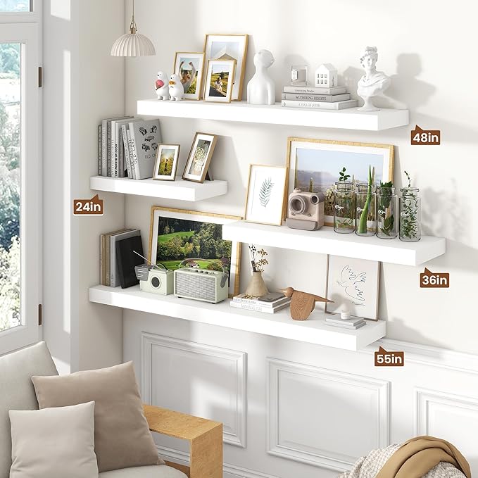 Heimlove 48" White Floating Shelves for Wall,10 Deep Rustic Wood Display & Storage Wall Shelves with Heavy Duty Brackets for Bathroom,Bedroom,Kitchen,Living Room,Office
