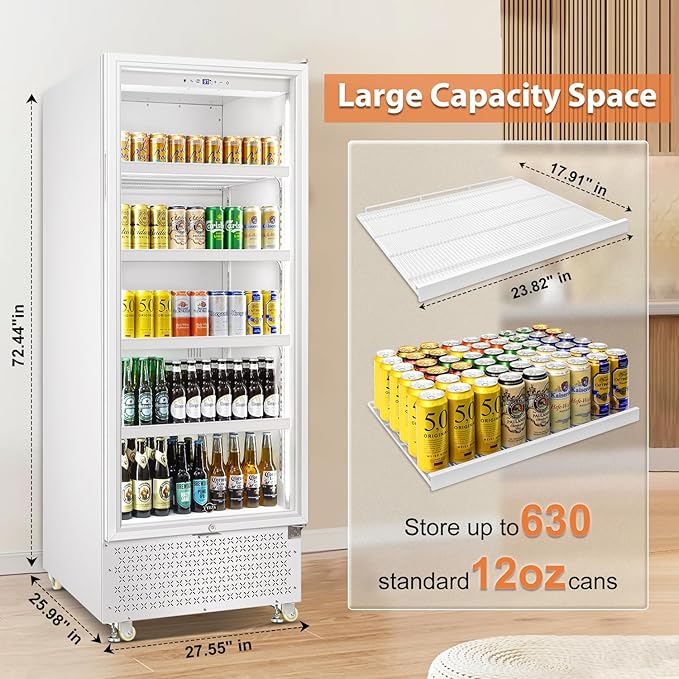 Tylza Commercial Refrigerator with Glass Door Display Beverage Fridge, 14.8 Cu Ft Upright Beverage Cooler Merchandiser with Rebound Door, Low Noise, Fast Cooling, White