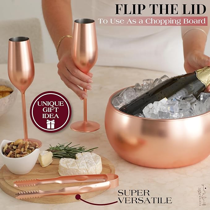 Gusto Nostro 4.1L Insulated Ice Bucket with Lid and Tongs, Double Wall Stainless Steel Ice Bucket Large, BPA Free Ice Bucket for Cocktail Bar, Keeps Champagne, Wine, Beer Chill for Parties (Rose)