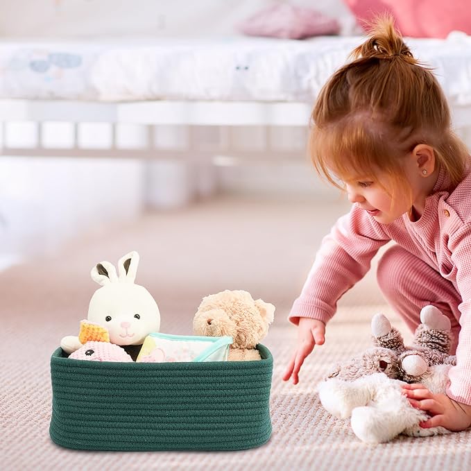 Small Woven Storage Baskets 12“X8”X5“ Decorative Rope Bins for Organizing Shelves, Closets, and Toys, Empty Gift Baskets, Cute Organizer Basket for Home and Office (dark green, regular)