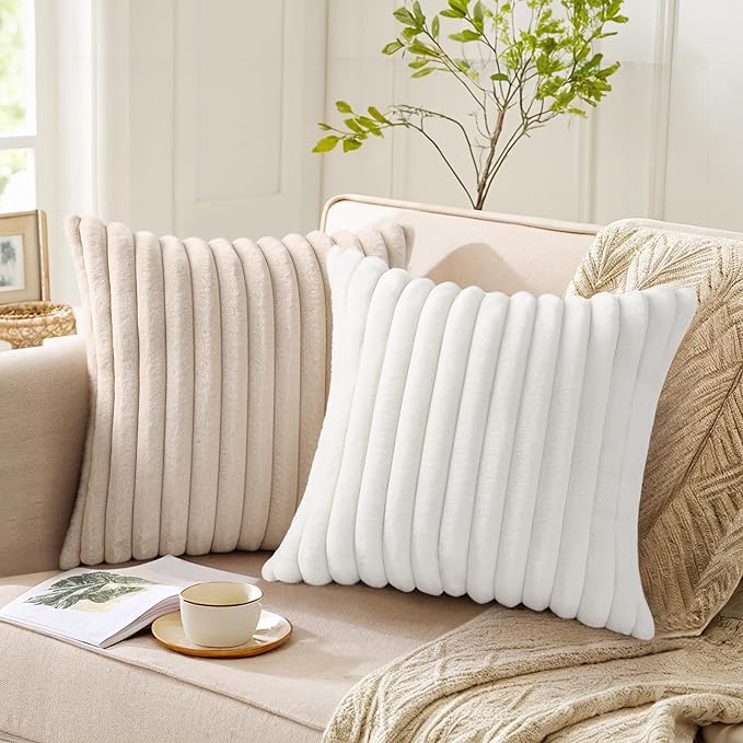 Pallene Faux Fur Plush Lumbar Throw Pillow Covers 12x20 Set of 2, Luxury Soft Fluffy Striped Decorative Pillow Covers for Sofa, Couch, Living Room, Apricot