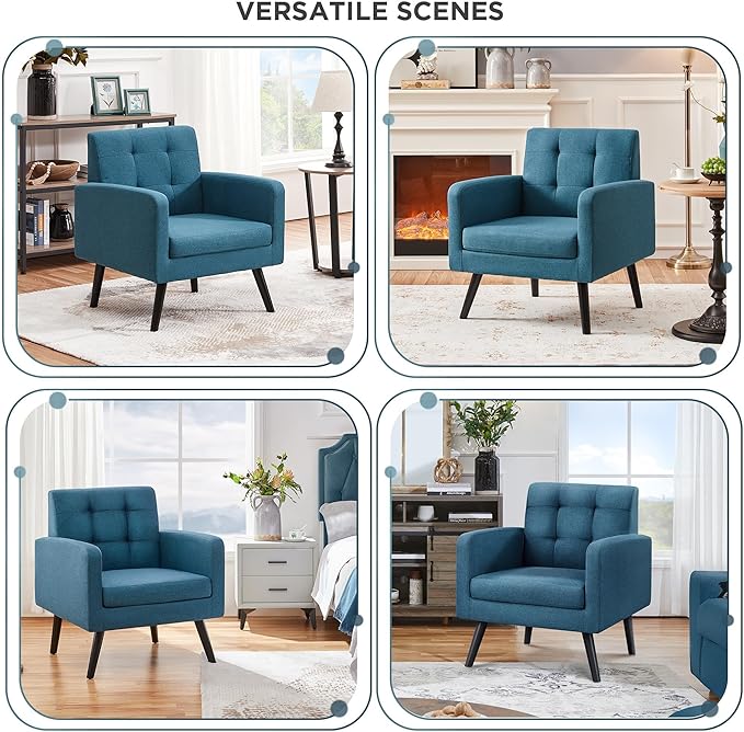 Yaheetech Mid-Century Accent Chairs, Modern Upholstered Living Room Chair, Cozy Armchair Button Tufted Back and Wood Legs for Bedroom/Office/Cafe, Set of 2, Navy Blue